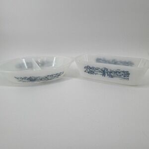Vintage Currier Ives Milk Glass Blue Scenic Farm Loaf Pan Divided Casserole Dish